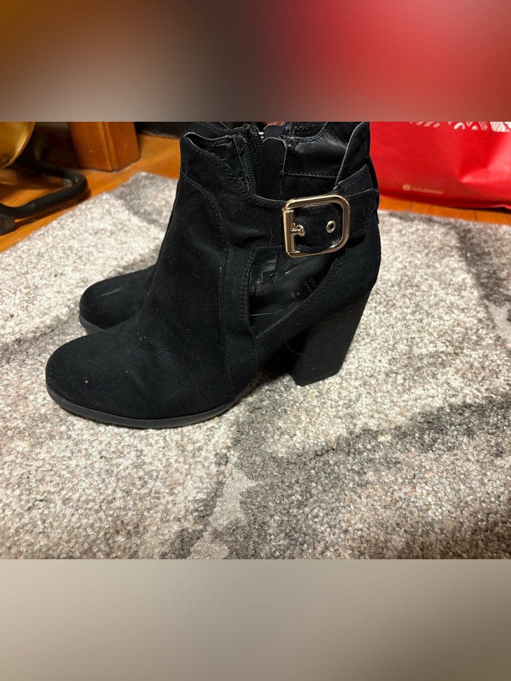Call It Spring Black Suede Ankle Boot with Gold Buckle Accent